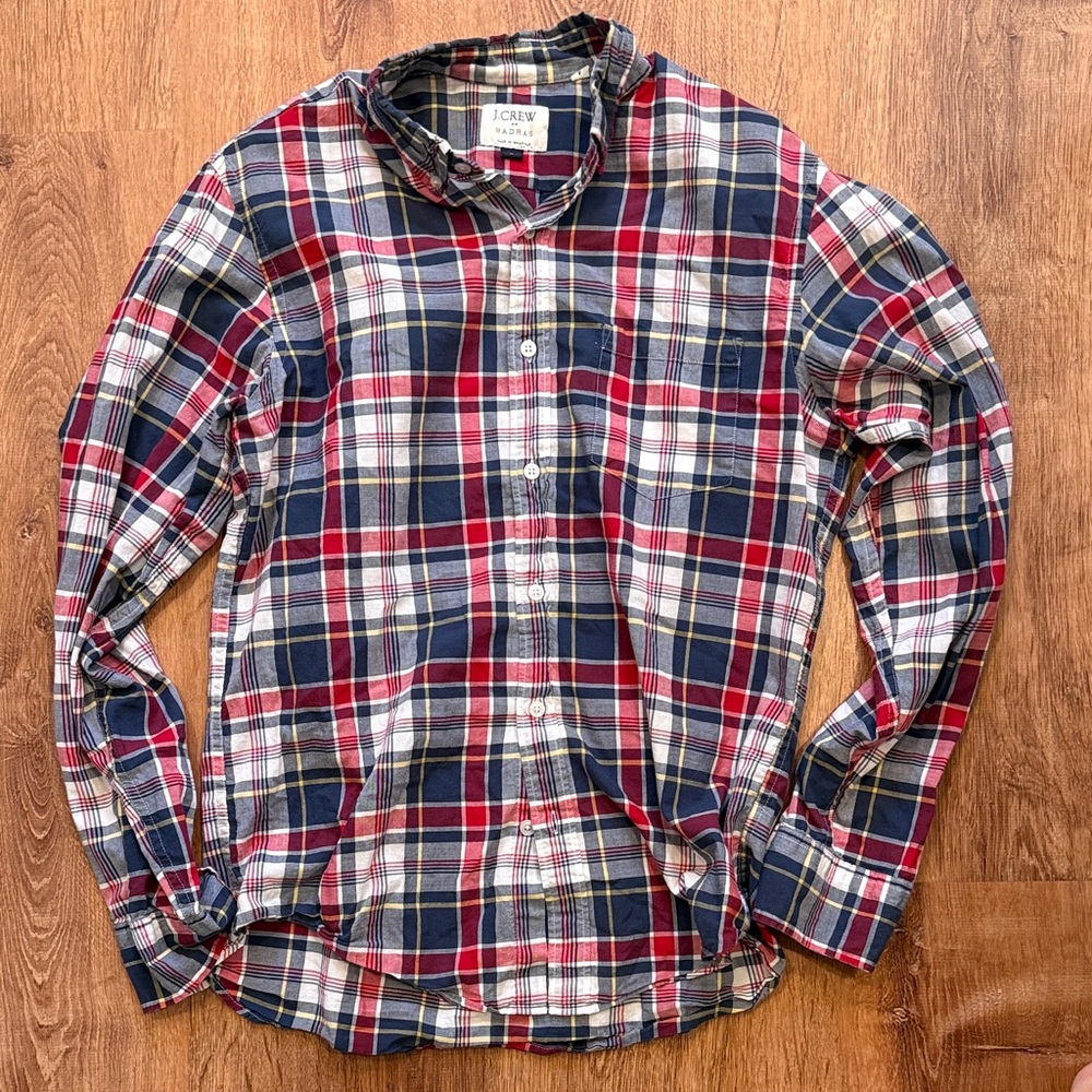 J. Crew Red, Navy & White Plaid Madras Cotton Button-Down Shirt